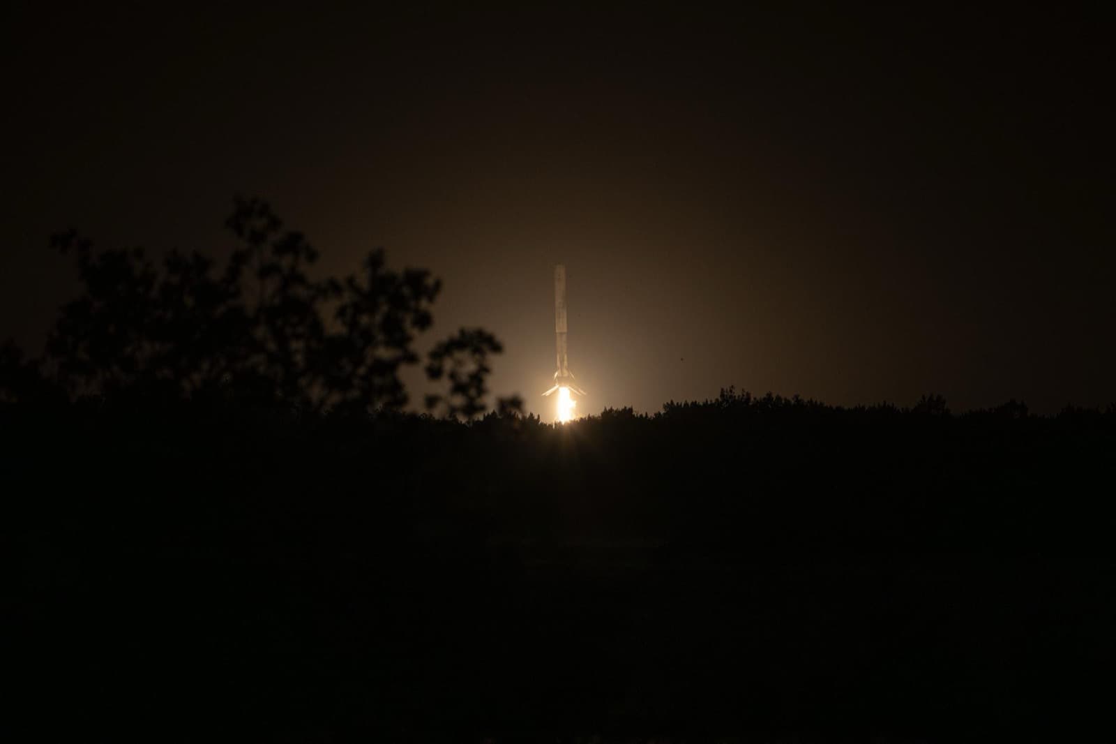 A Falcon 9 booster descending toward its landing pad at night, engine glowing above a dark treeline.
