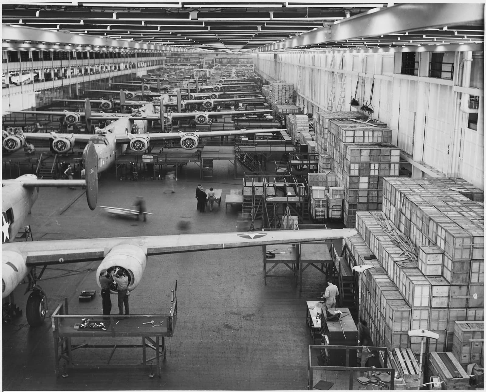 B-24 Liberator bombers on the assembly line at Ford's Willow Run plant during World War II.